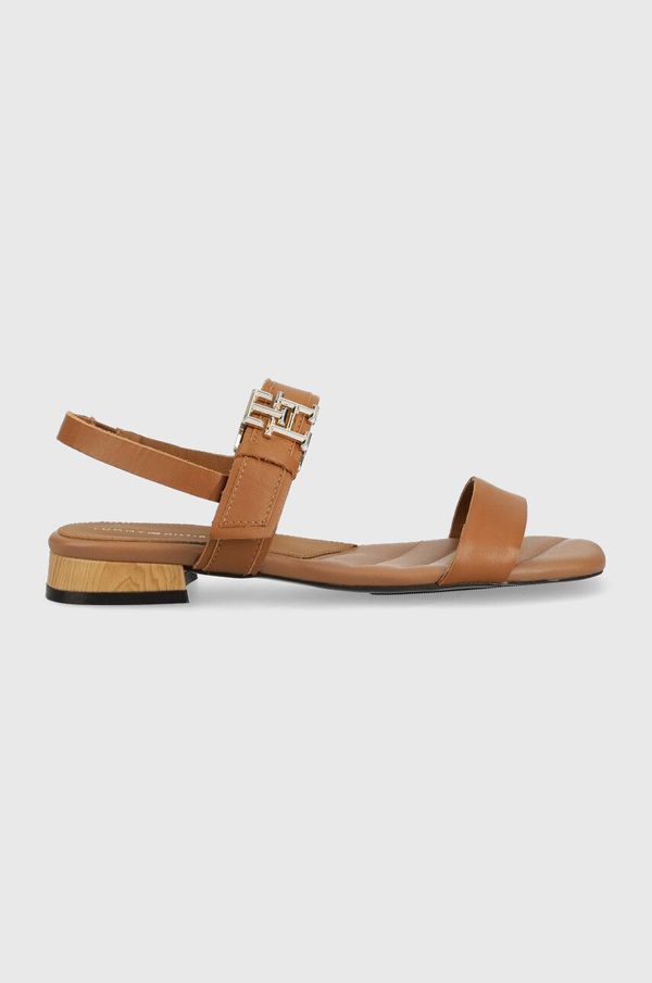 Tommy Hilfiger Usnjeni sandali Tommy Hilfiger HARDWARE FLAT SANDAL ženski, rjava barva, FW0FW07094