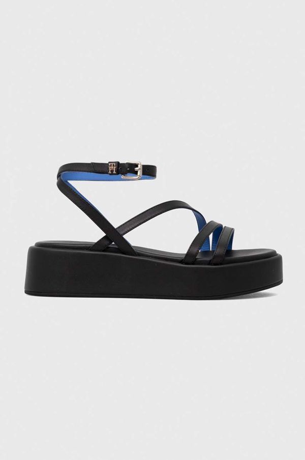 Tommy Hilfiger Usnjeni sandali Tommy Hilfiger TH STRAP PLATFORM ženski, črna barva, FW0FW07728