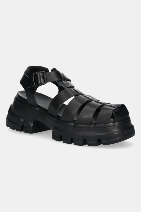 Tommy Jeans Usnjeni sandali Tommy Jeans FISHERMAN SANDAL ženski, črna barva, EN0EN02751