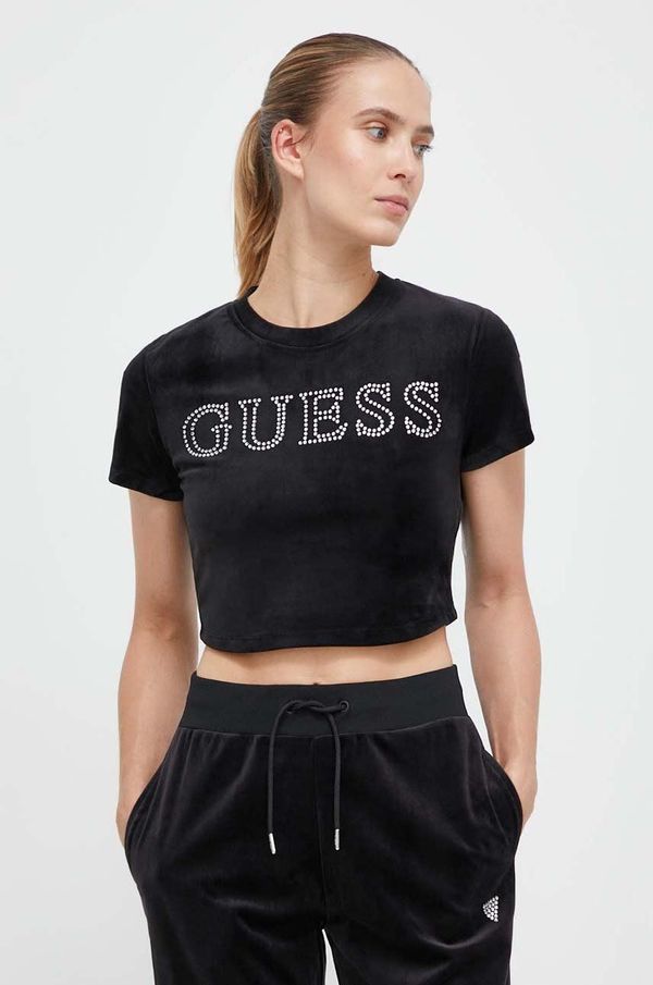 Guess Velur kratka majica Guess COUTURE črna barva, V3BI01 KBXI2