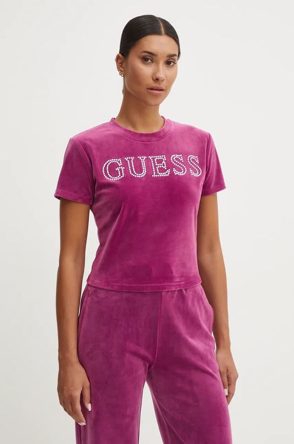 Guess Velur kratka majica Guess COUTURE vijolična barva, V4BI29 KBXI2