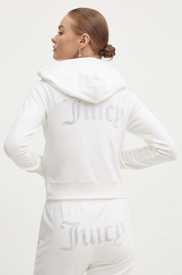 Juicy Couture Velur pulover Juicy Couture MADISON bela barva, s kapuco, JCWA122001