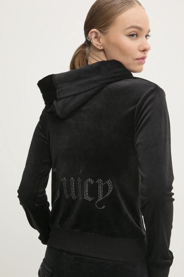 Juicy Couture Velur pulover Juicy Couture ROBERTSON JEWELLED VELOUR HOODIE črna barva, s kapuco, JCBAS224814