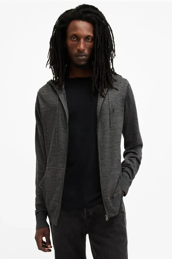 AllSaints Volnena mikica AllSaints MODE MERINO ZIP HOOD siva barva, s kapuco, M084KB