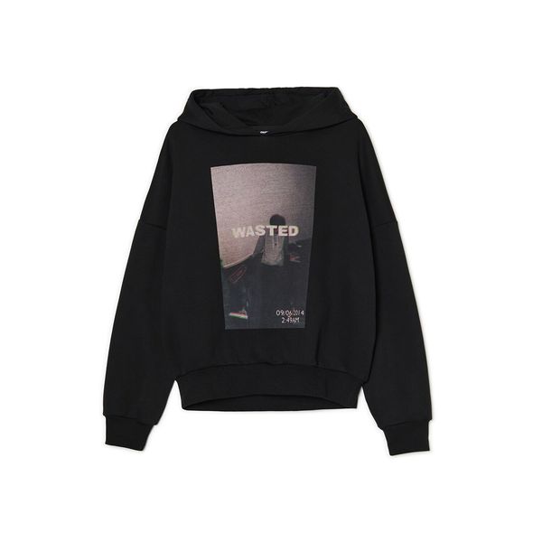 Cropp Cropp - Črna pulover s kapuco in potiskom - črna