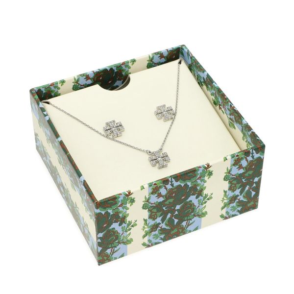 Tory Burch Komplet ogrlica in uhani Tory Burch Kira Pave Pendant And Stud Earring Set 145510 Tory Silver/Crystal 042