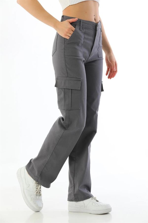 dewberry 12128 Dewberry High Waist Wide Leg Cargo Pocket Trousers-GREY