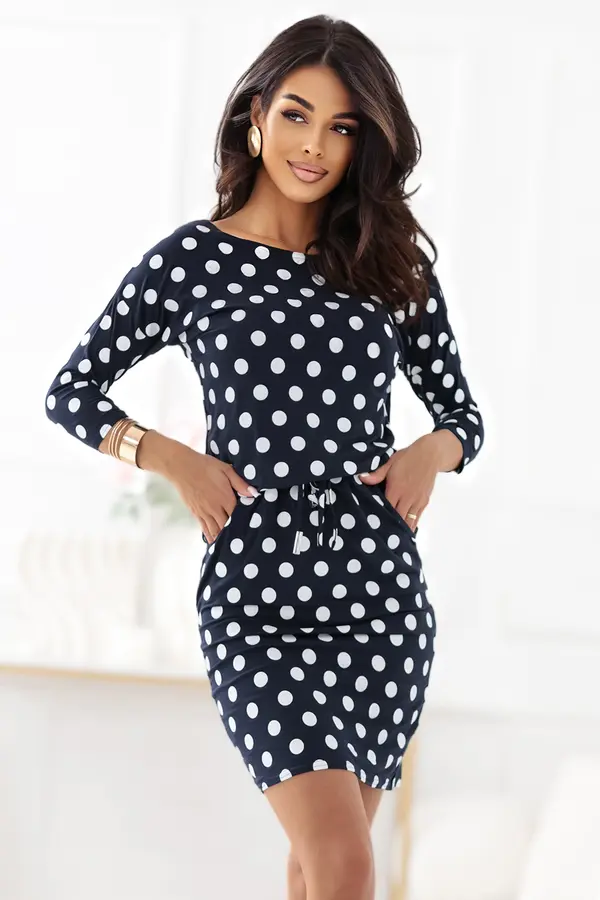 NUMOCO 13-167 Sports dress with ties and pockets - navy blue with white polka dots