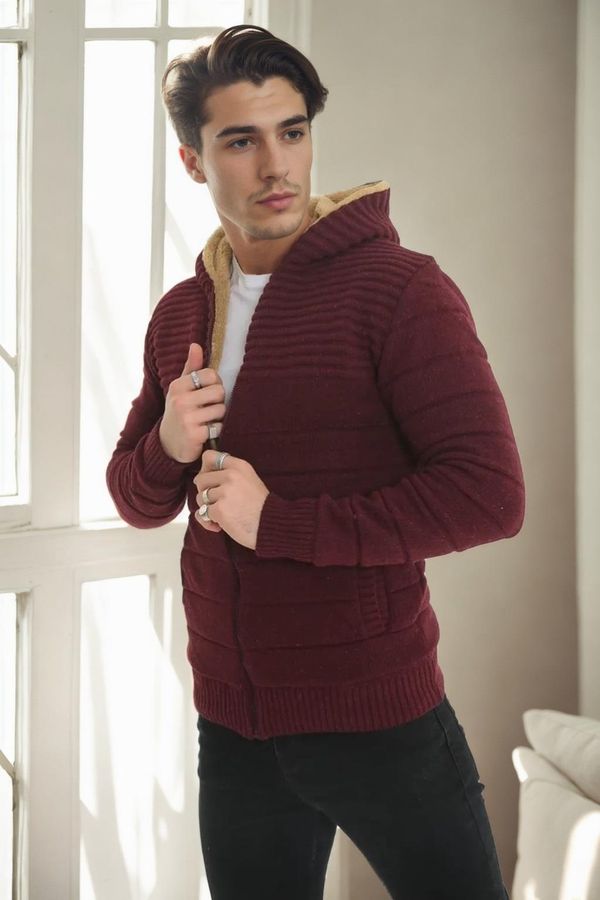 dewberry 14455 Dewberry Furry Hooded Mens Sports Slim Fit Cardigan-BURGUNDY