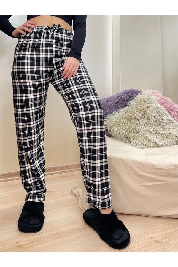 dewberry 17947 Dewberry Plaid Checkered Cotton Velvet Pyjama Bottoms-BLACK-WHITE