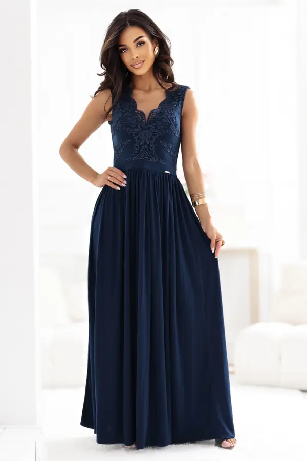 NUMOCO 215-6 LEA long elegant maxi dress with lace top and slit on the leg - navy blue