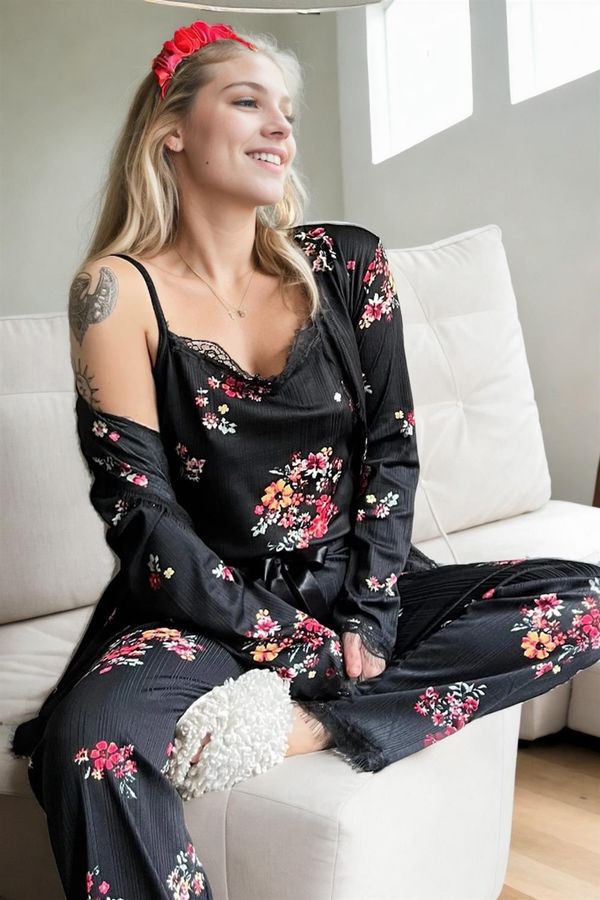 dewberry 22168 Dewberry Womens Pyjama Set with Dressing Gown-BLACK
