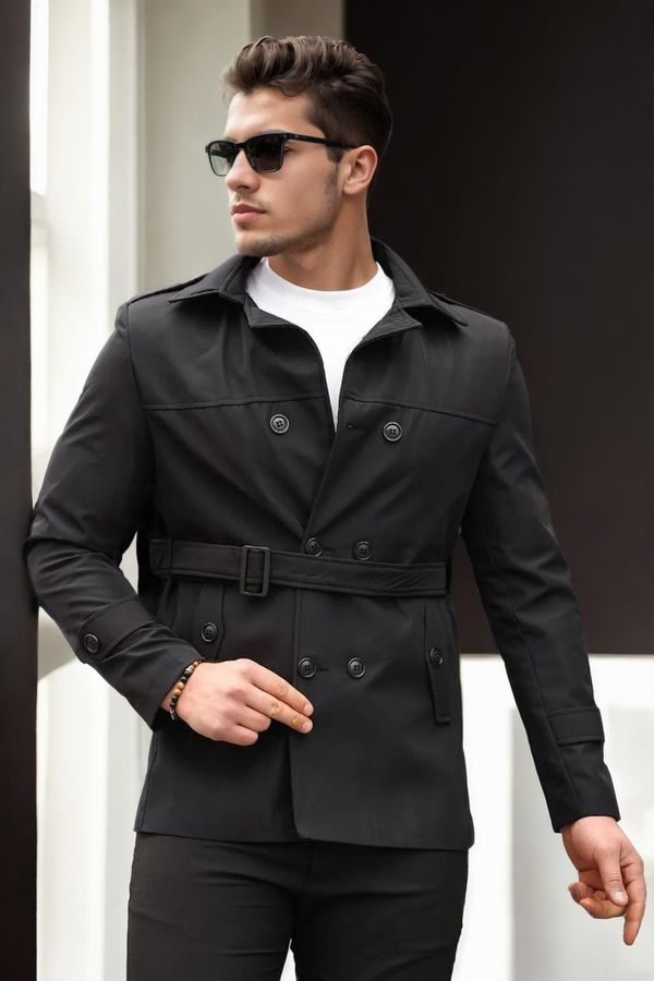 dewberry 23058 Dewberry Lined Belted Double Breasted Mens Trenchcoat-BLACK