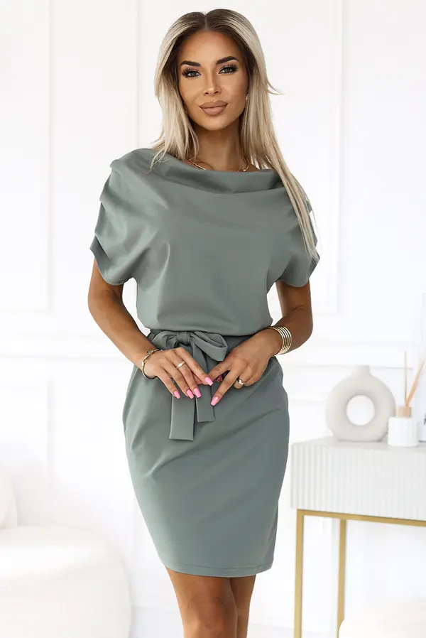 NUMOCO 240-4 ROXI skirt from asymmetryczną spódnicą i paskiem - color OLIWKOWY