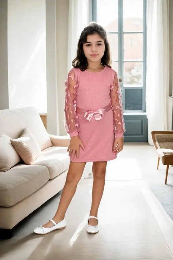 dewberry 28185 Dewberry Waist Tied Tulle Detailed Girls Dress-PINK