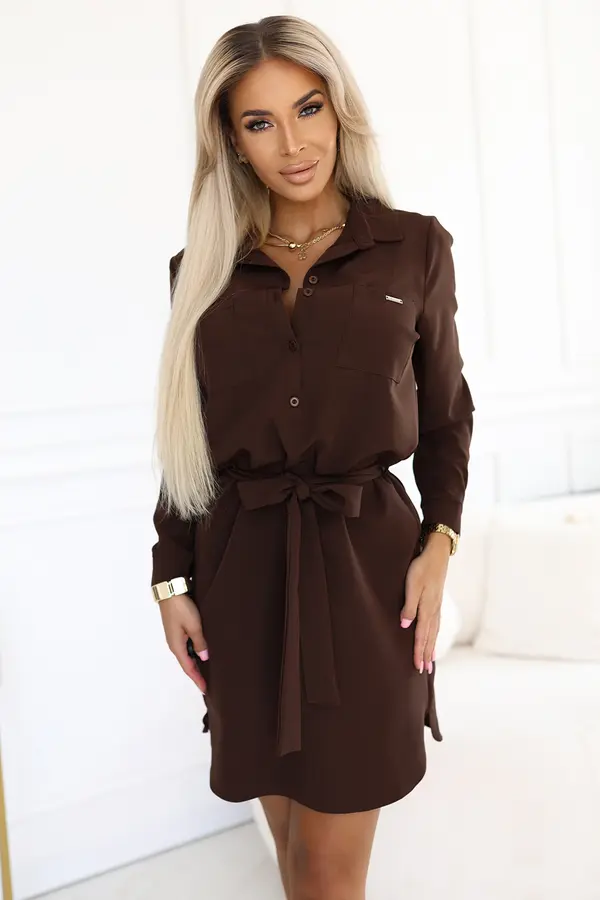 NUMOCO 284-5 CAMILLE Shirt dress with pockets and ties - chocolate