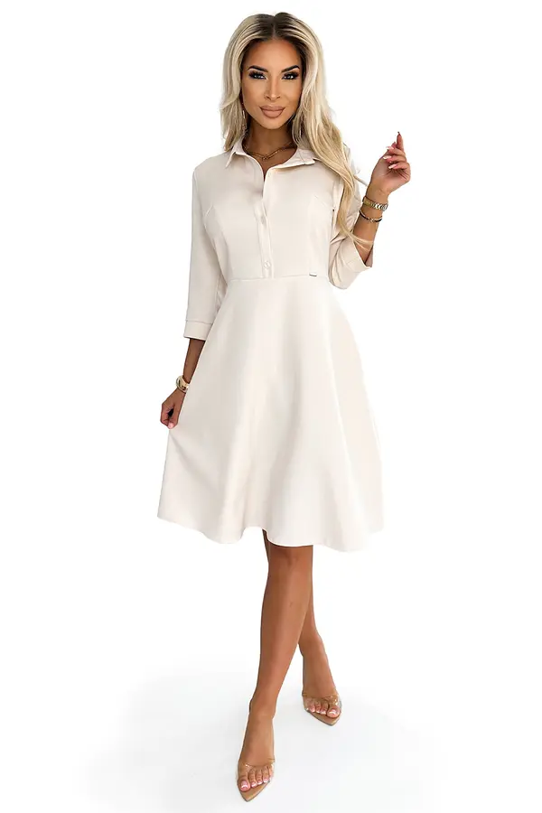 NUMOCO 286-7 SANDY Flared shirt dress with a belt - beige