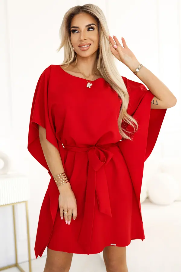 NUMOCO 287-35 SOFIA Butterfly Dress with Waist Tie - Red