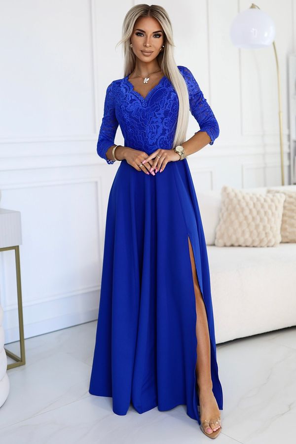 NUMOCO 309-12 AMBER Elegant Long Lace Dress with Neckline - Color BLUE
