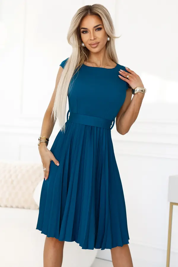 NUMOCO 311-17 LILA Classic pleated dress with short sleeves and a belt - sea ​​color
