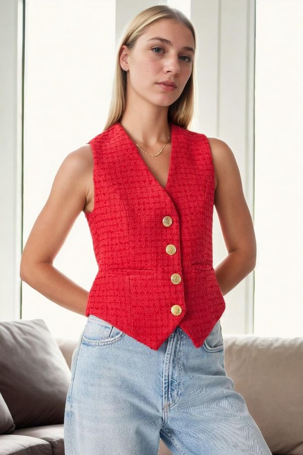 dewberry 32534 Dewberry Metal Button Detailed Tweed Women Vest-RED