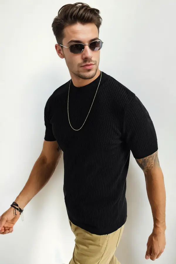 dewberry 33307 Dewberry Mens Crew Neck Short Sleeve Thin Knit Sweater-BLACK