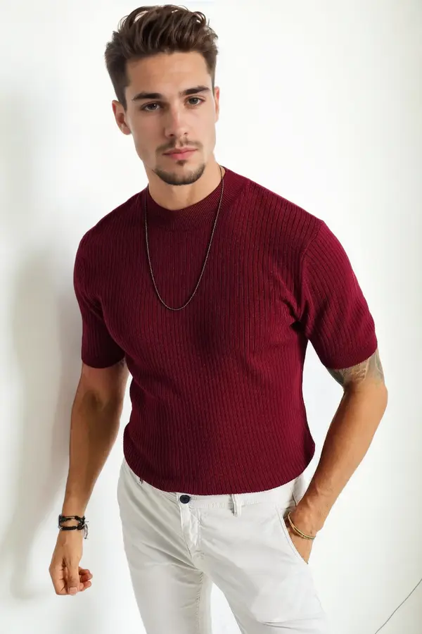 dewberry 33307 Dewberry Mens Crew Neck Short Sleeve Thin Knit Sweater-BORDEAUX