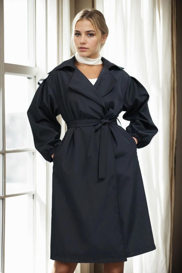 dewberry 40345 Dewberry Belted Balloon Sleeve Women Trenchcoat-BLACK