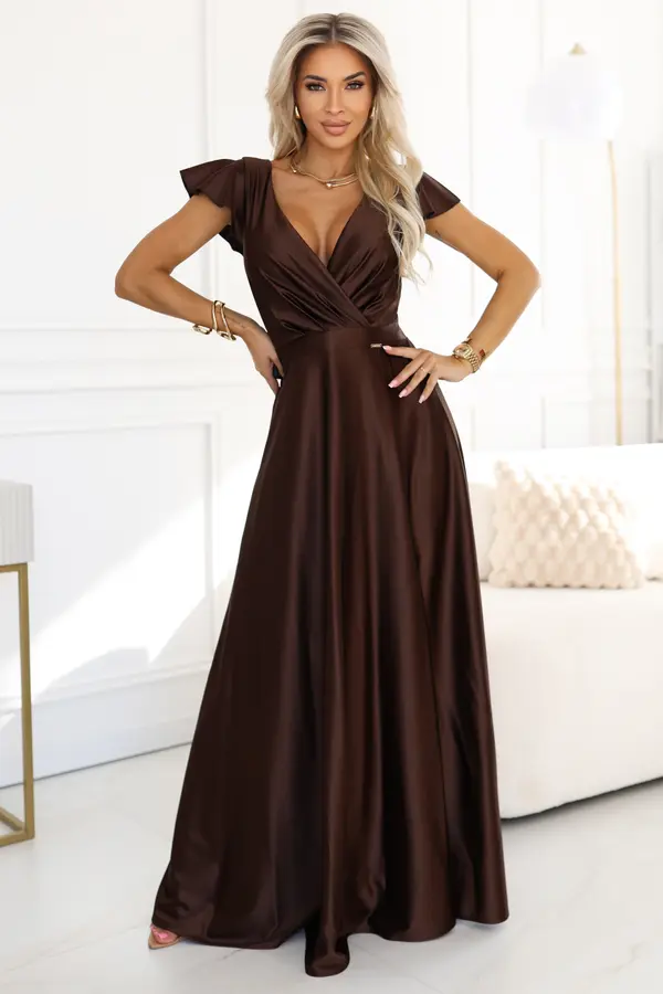 NUMOCO 411-15 CRYSTAL satin long dress with a neckline - chocolate