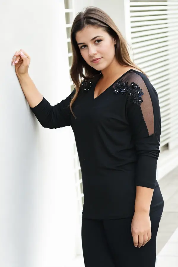 dewberry 43033 Dewberry Plus Size Off Shoulder Tulle Floral Blouse-BLACK