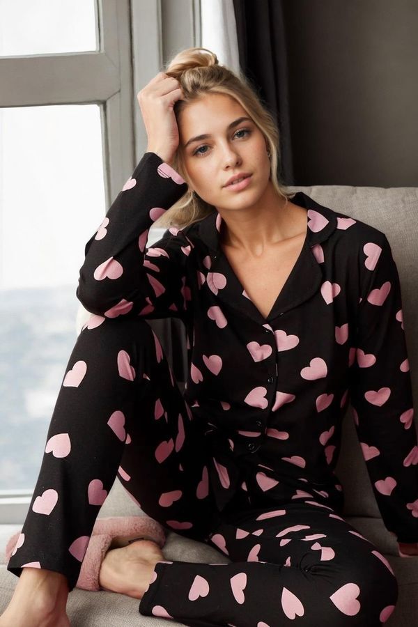 dewberry 43103 Dewberry Buttoned Women Pyjama Set-BLACK