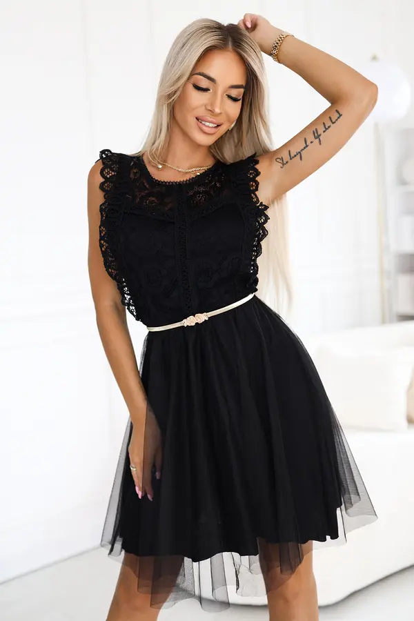 numoco basic 454-5 GRETA lace dress with tulle skirt and gold belt - black