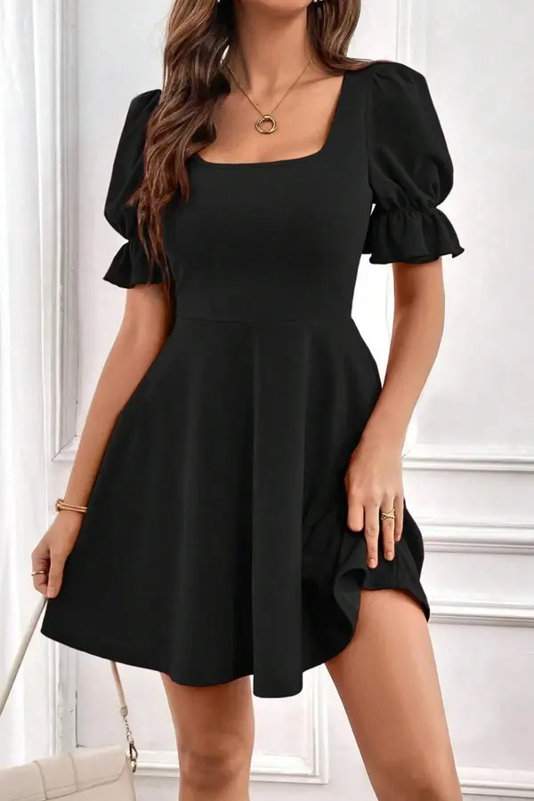 dewberry 48753 Dewberry Mini Size Balloon Sleeve Crepe Dress-BLACK