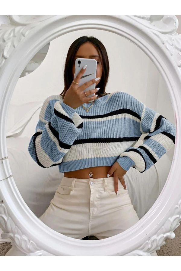 dewberry 49425 Dewberry Striped Knit Crop Women Sweater-BLUE