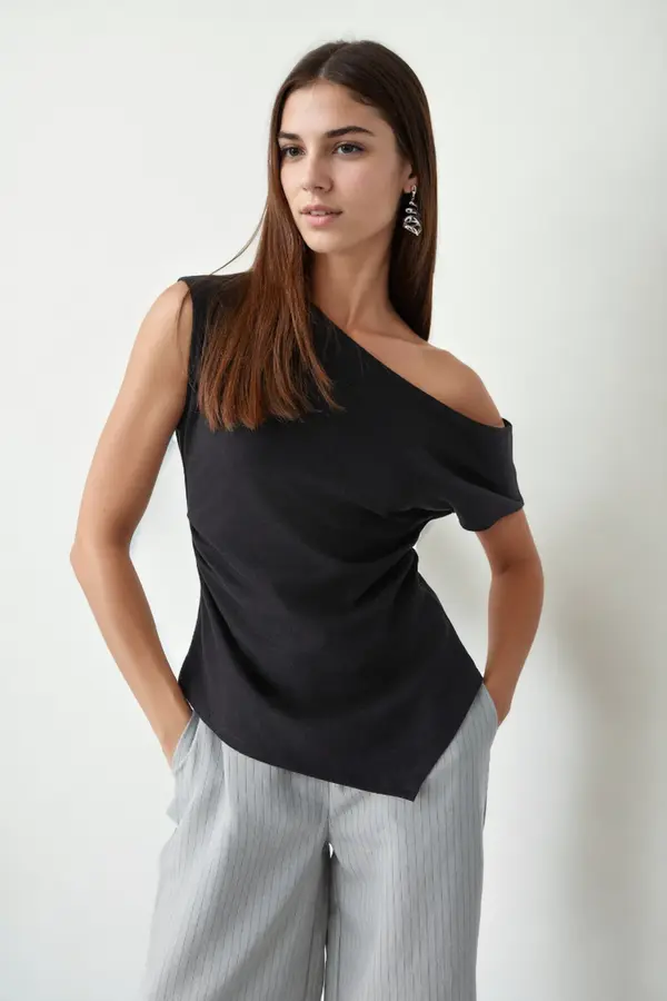 dewberry 49777 Dewberry Asymmetrical Collar Womens Blouse-BLACK