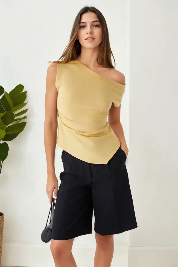 dewberry 49777 Dewberry Asymmetrical Collar Womens Blouse-YELLOW