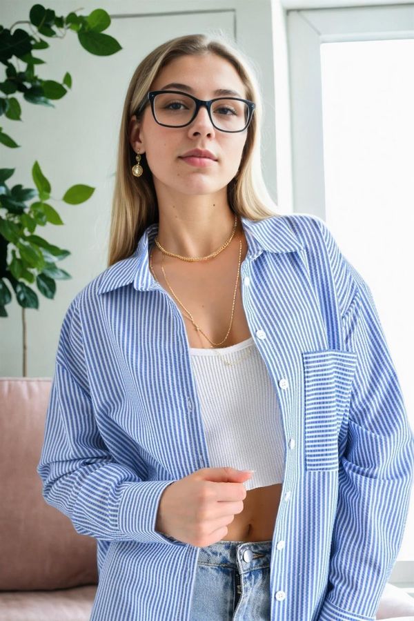 dewberry 49999 Dewberry Blue Wrinkled Detailed Striped Women Shirt-BLUE