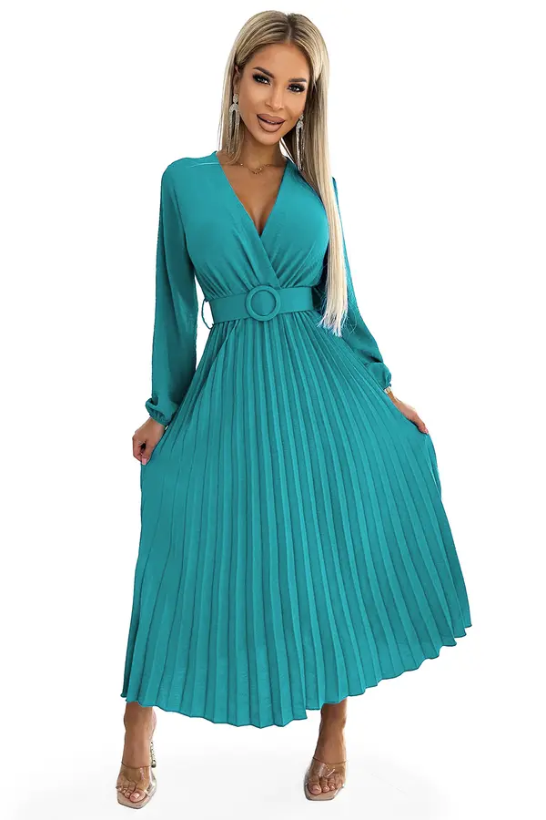 numoco basic 504-6 VIVIANA Pleated midi dress with a neckline, long sleeves and a wide belt - sea ​​color