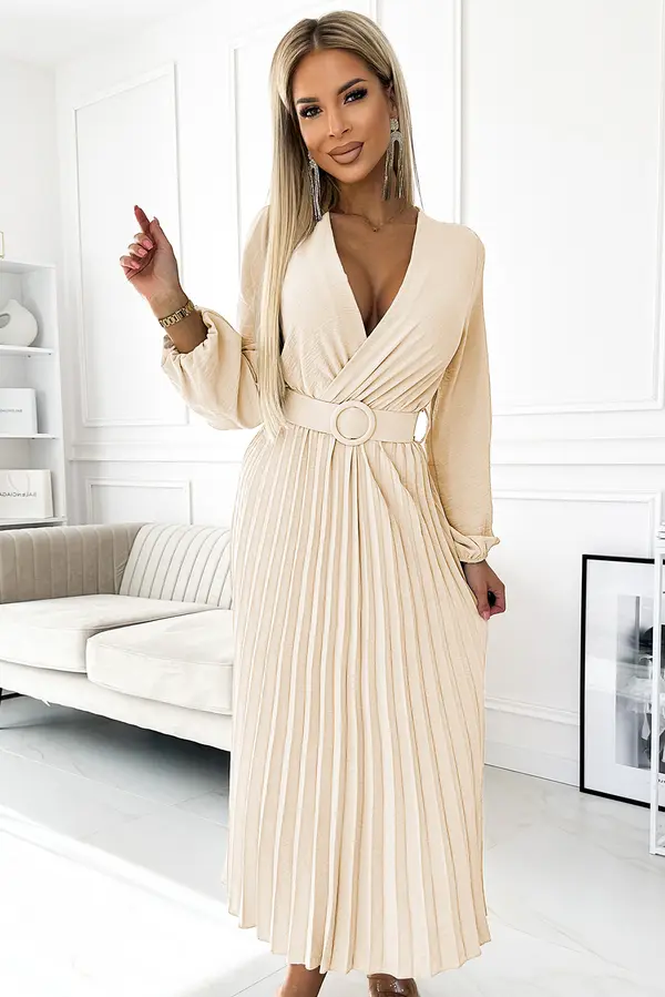 numoco basic 504-7 VIVIANA Pleated midi dress with scoop neckline, long sleeves and wide belt - light beige