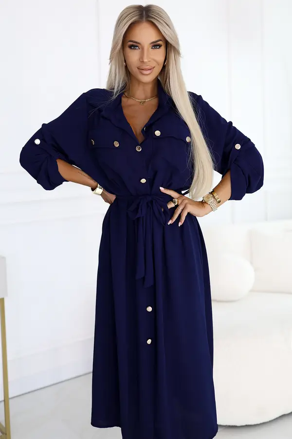numoco basic 531-6 Midi Shirt Dress with Gold Buttons and Tie - Navy Blue