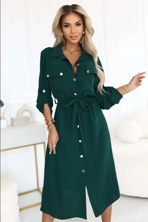numoco basic 531-7 Midi shirt dress with gold buttons and tie detail - green
