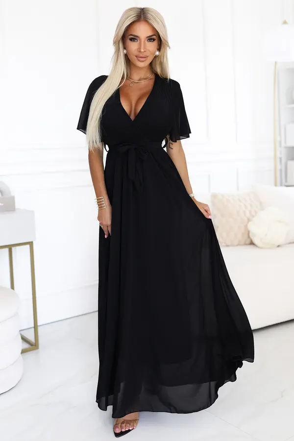 numoco basic 545-5 Long dress with pleated neckline and tie - black
