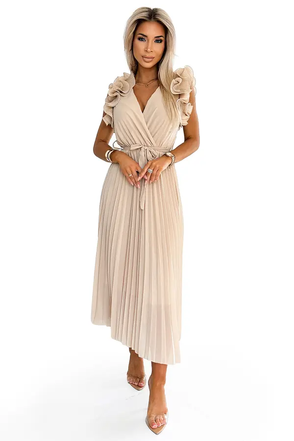 numoco basic 549-1 MIRABELLA Pleated chiffon midi dress with a neckline and delicate ruffles - beige