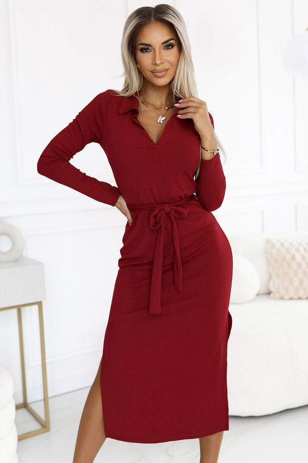 NUMOCO 560-1 Classic midi dress with collar and tie - BORDO