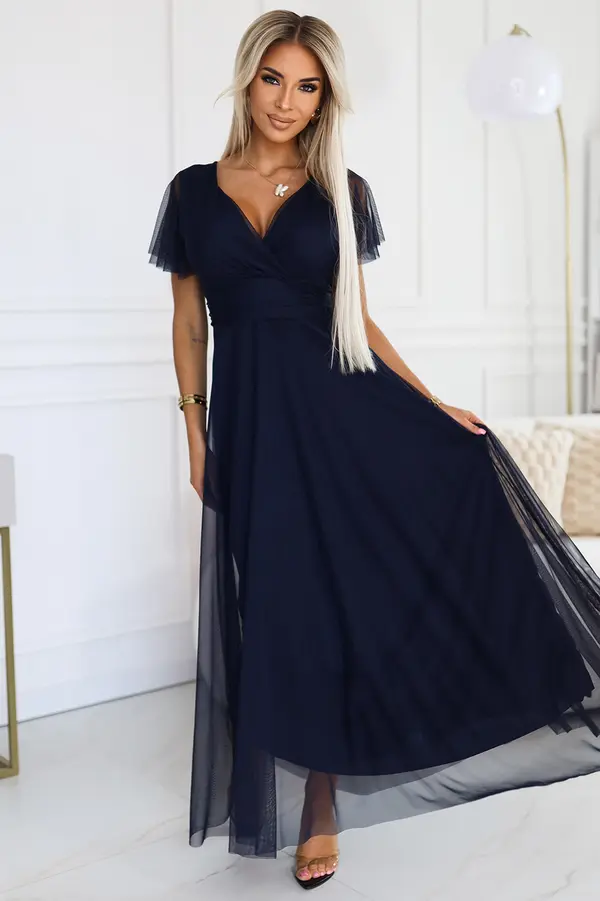 numoco basic 562-1 NASTIA Long dress with neckline and short sleeves - DARK BLUE