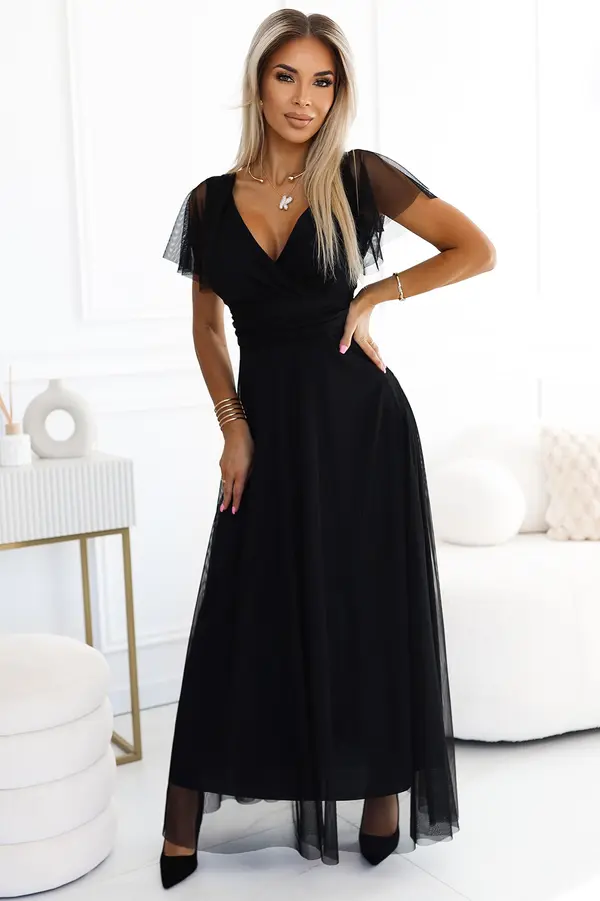 numoco basic 562-3 NASTIA Long dress with neckline and short sleeves - BLACK