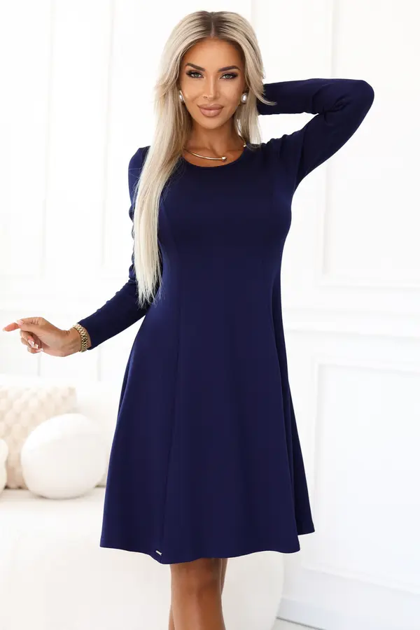 NUMOCO 567-2 Comfortable trapeze dress with long sleeves - navy blue