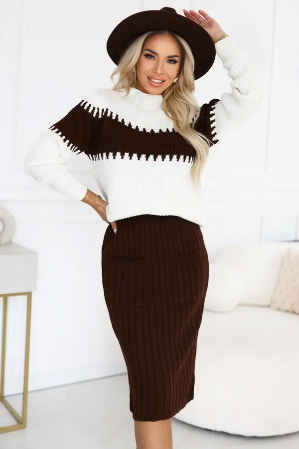 numoco basic 571-2 Two-piece sweater set with matching skirt - chocolate