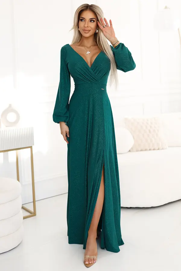NUMOCO 572-4 NELA shiny long dress with neckline, long sleeves and leg slit - green