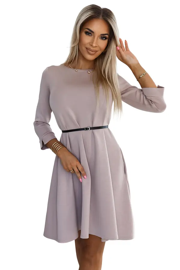NUMOCO 579-1 Classic trapeze dress with a black belt - BEIGE